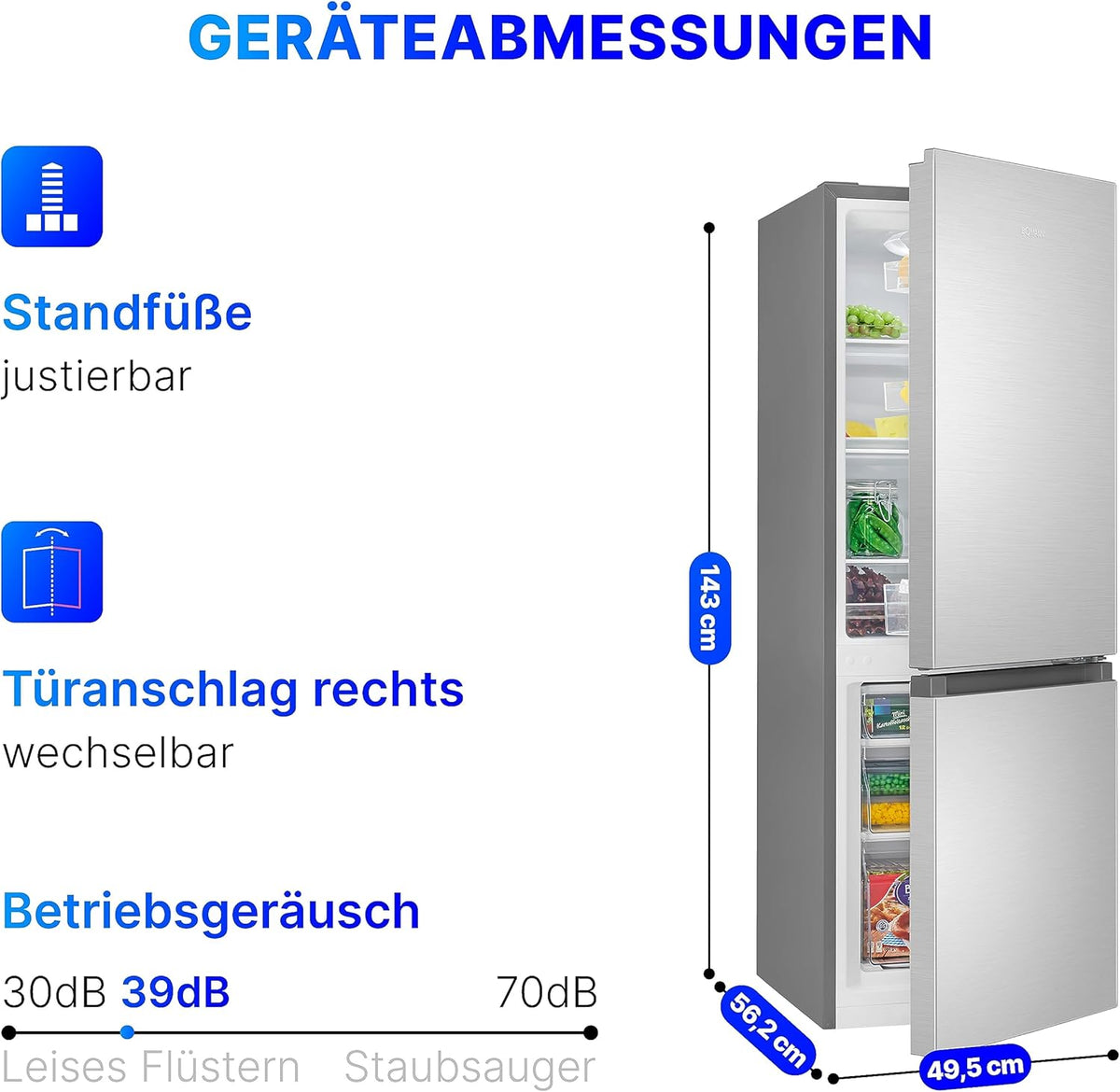 Refrigerador con congelador Bomann® de 143 cm de altura | Frigorífico combi de 175 L con 3 estantes y 3 cajones | Sentido de apertura de puerta reversible | Frigorífico combi silencioso de 39 dB | Frigorífico KG 322.1 aspecto inox