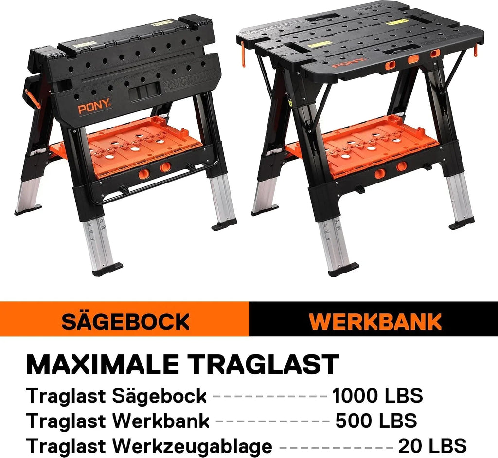 Banco de trabajo plegable 2 en 1, caballete, capacidad de carga de 454 kg, patas de aluminio ajustables, 79 x 63,5 x 89 cm, incluye prensas de tornillo