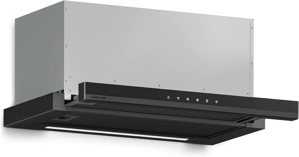 Klarstein Okap kuchenny, Velaire 60cm, podblatowy, rozkładany, 896 m³/h boost, dotykowy, klasa energetyczna A++, LED, cichy, aluminiowy i z filtrem z węglem aktywnym, blatowy kuchnia, czarny
