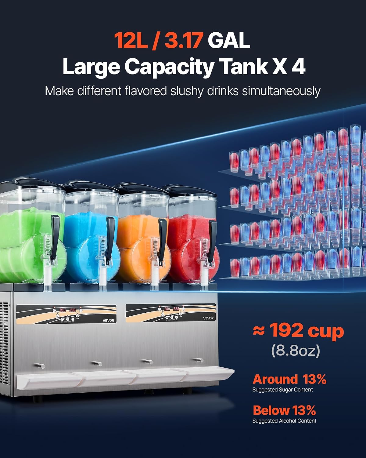 Máquina de granizados VEVOR 4 x 12 L, fabricante de granizados de 1650 W (no necesita hielo), máquina eléctrica para margaritas con función de autolimpieza, adecuada para margaritas granizadas, frappés, batidos y licuados