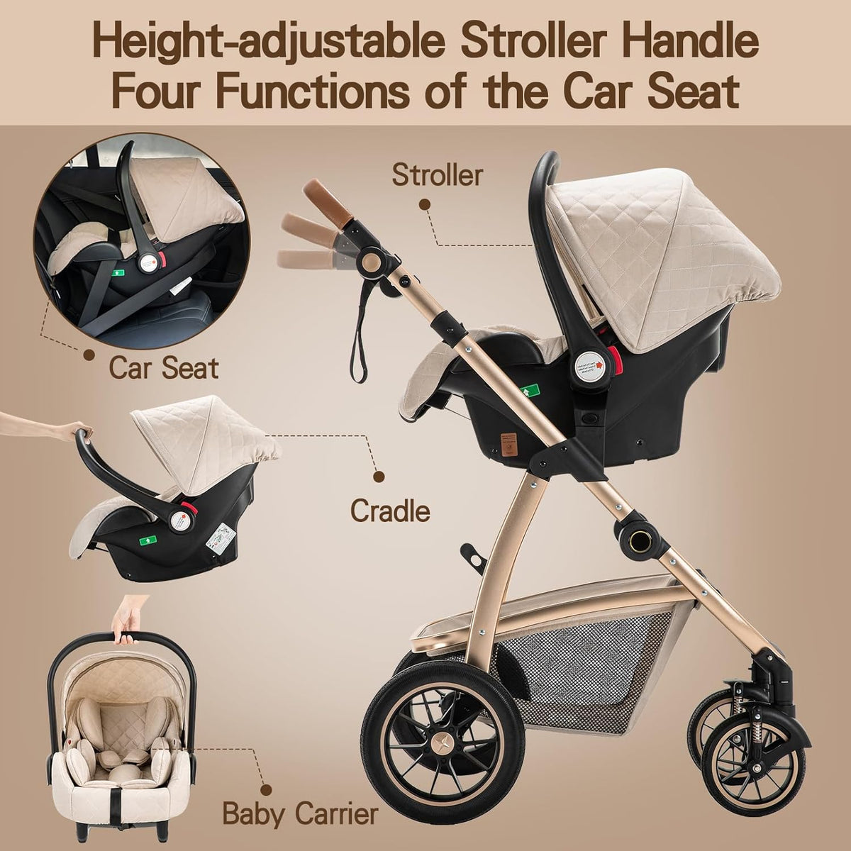 Cochecito 3 en 1 Gcarebb, silla de paseo con portabebés, cochecito completo con altura ajustable, cochecito combinado con marco de aluminio para recién nacidos de 0 a 4 años