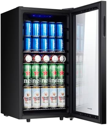 Refrigerador de bebidas Kalamera, nevera para cerveza con panel de control táctil, zona de refrigeración de 3-18 °C, refrigerador de botellas de 86 litros, iluminación interior LED azul, 41 dB, KRC-86GE