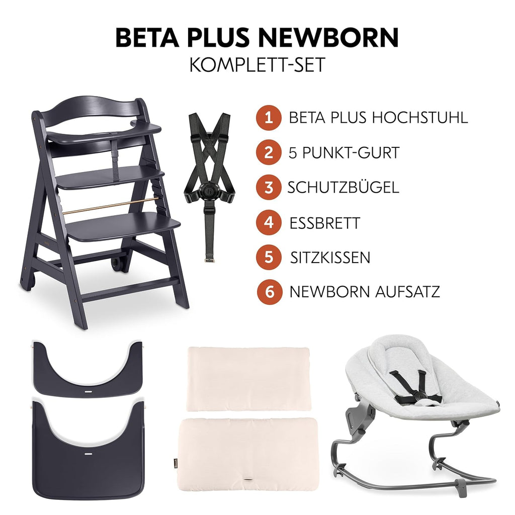 hauck Trona Beta+ Newborn Set Premium Dark Grey - Set de trona para bebé desde el nacimiento con accesorio para recién nacido Bouncer, cojín de asiento y bandeja - Gris oscuro