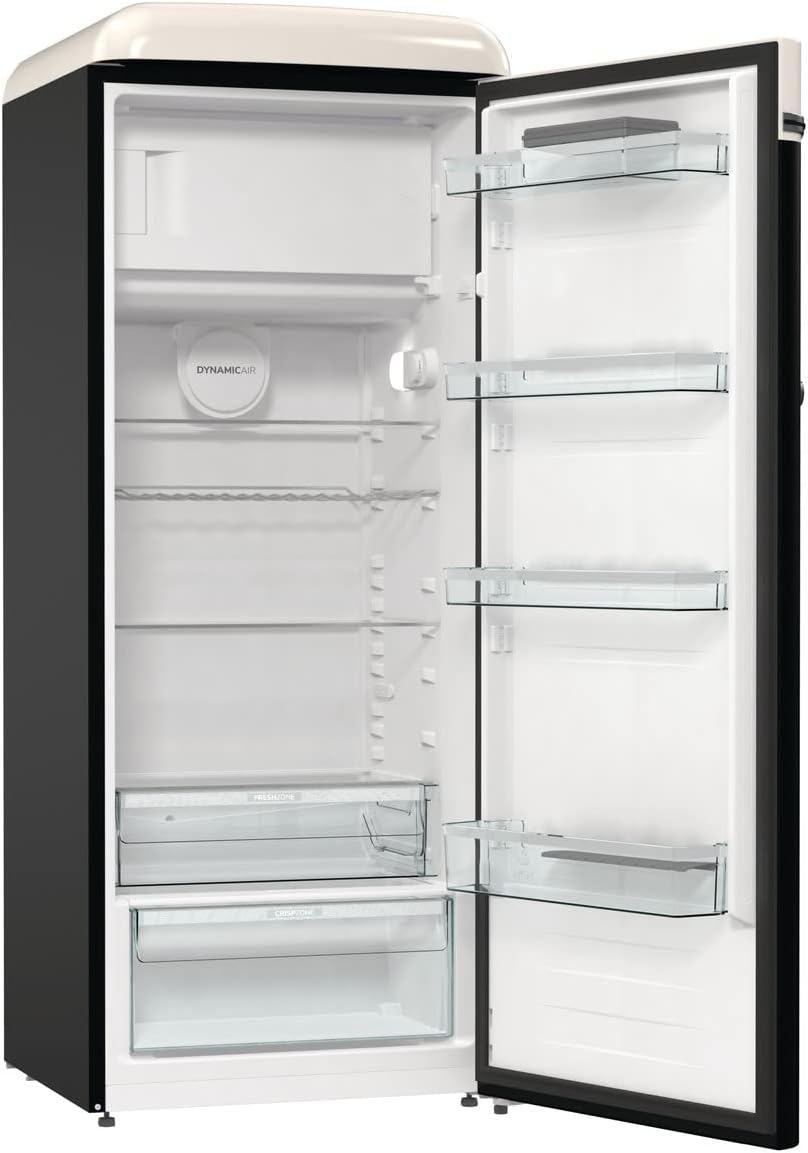 Gorenje Retro Collection OBRB 615 DBK Retro – Frigorífico combi / 152,5 cm / FrostLess / Función de enfriamiento rápido / FreshZone / FastFreeze / Capacidad frigorífico 225 l / Capacidad congelador 22 l / Clase energética D / negro