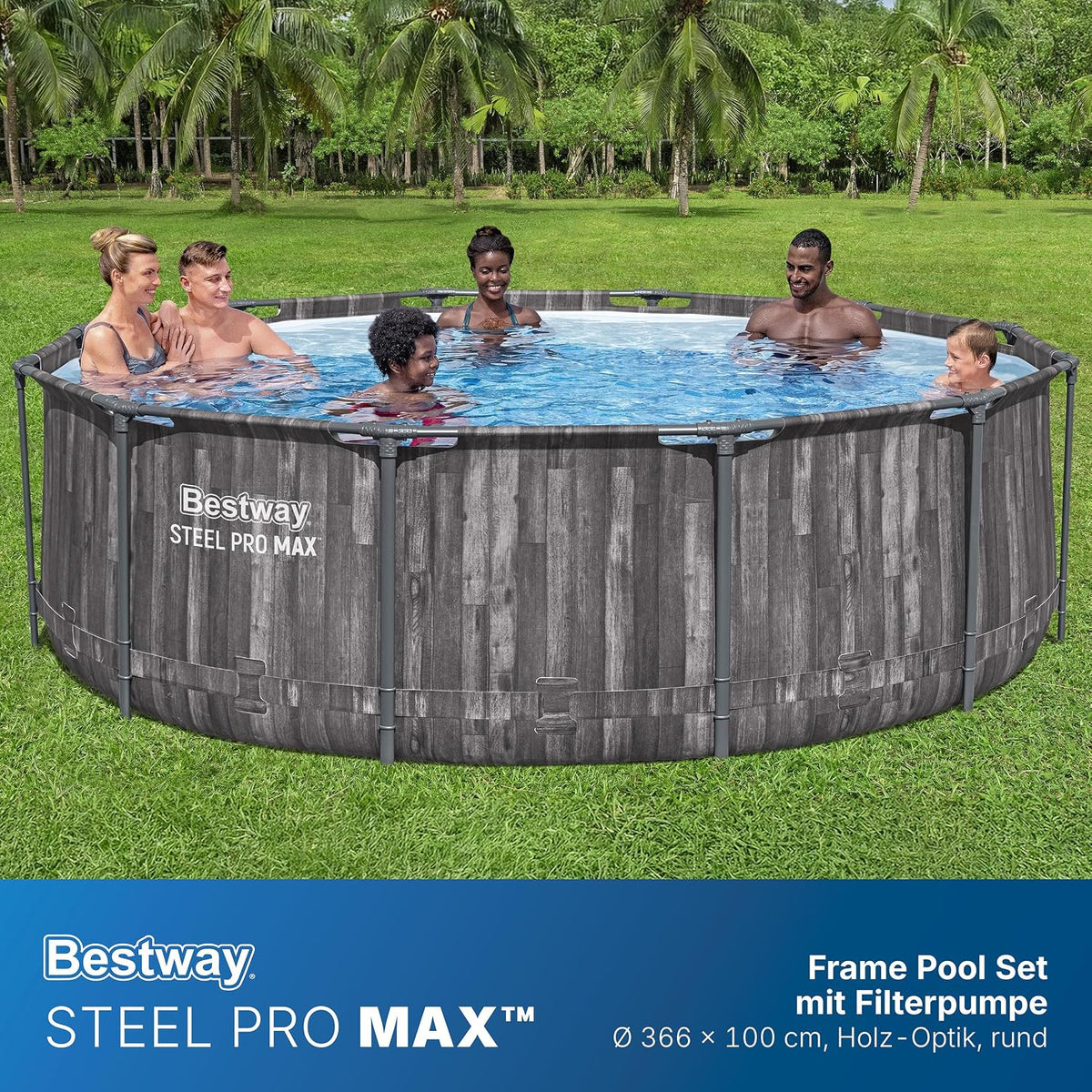 Piscina desmontable redonda Bestway 366x100 cm, set con bomba de filtrado, aspecto madera | 9.150 L, material TriTech de 3 capas, fondo con aspecto de mosaico de guijarros, incluye bomba de filtrado y escalera
