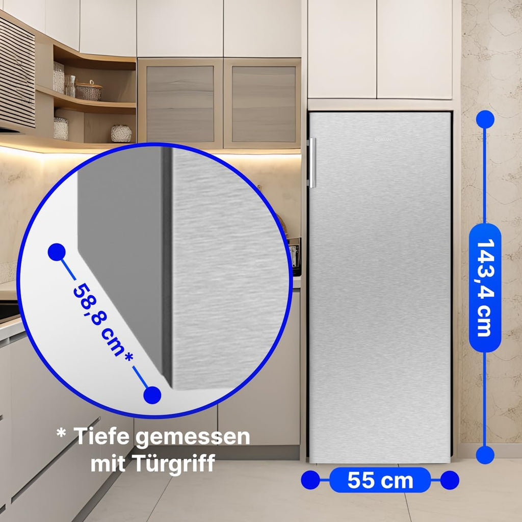 Réfrigérateur Bomann 242L inox VS7316-1-inox, Capacité nette : 242 litres, Éclairage intérieur à LED, Contrôle de la température en continu, 5 clayettes en verre