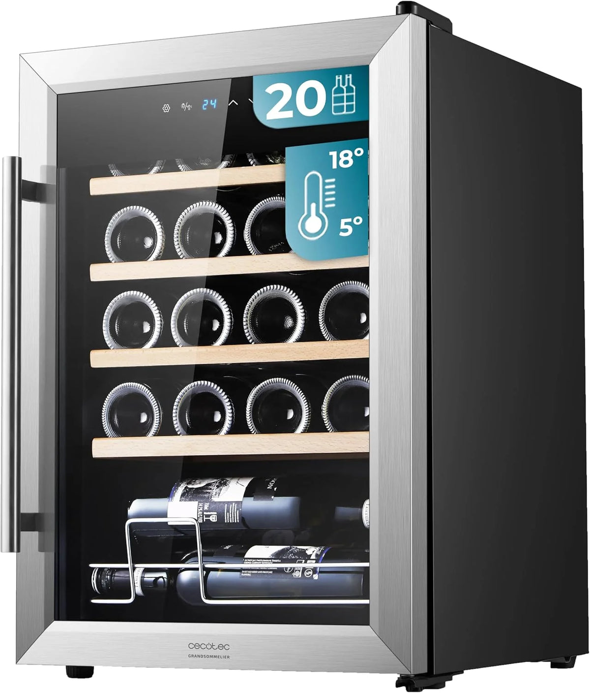 Cecotec Winiarnia, chłodziarka na wino, 24 butelki Bolero GrandSommelier 2050 Inox Compressor. Regulowana temperatura 5-18ºC, wysoka wydajność, cicha praca i brak wibracji