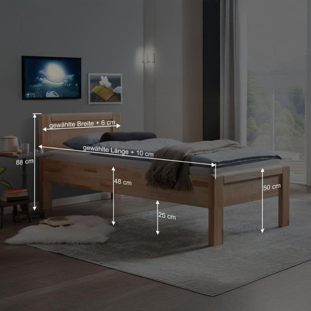 Cama para personas mayores Ewen de madera maciza 90x200 cm, altura de confort en haya núcleo aceitada, natural, con listones de apoyo, 48 cm de altura de entrada, capacidad de carga: 160 kg, estructura de cama