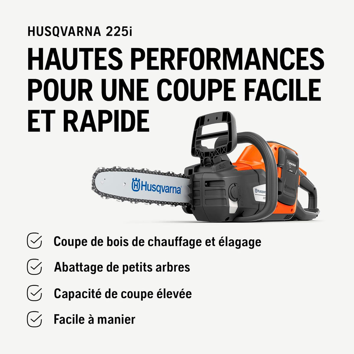 Husqvarna 225i: Motosierra a batería de 36V con batería y cargador incluidos, ligera, silenciosa, espada de 30cm, velocidad de cadena de 20m/s. Ideal para poda y mantenimiento del jardín.
