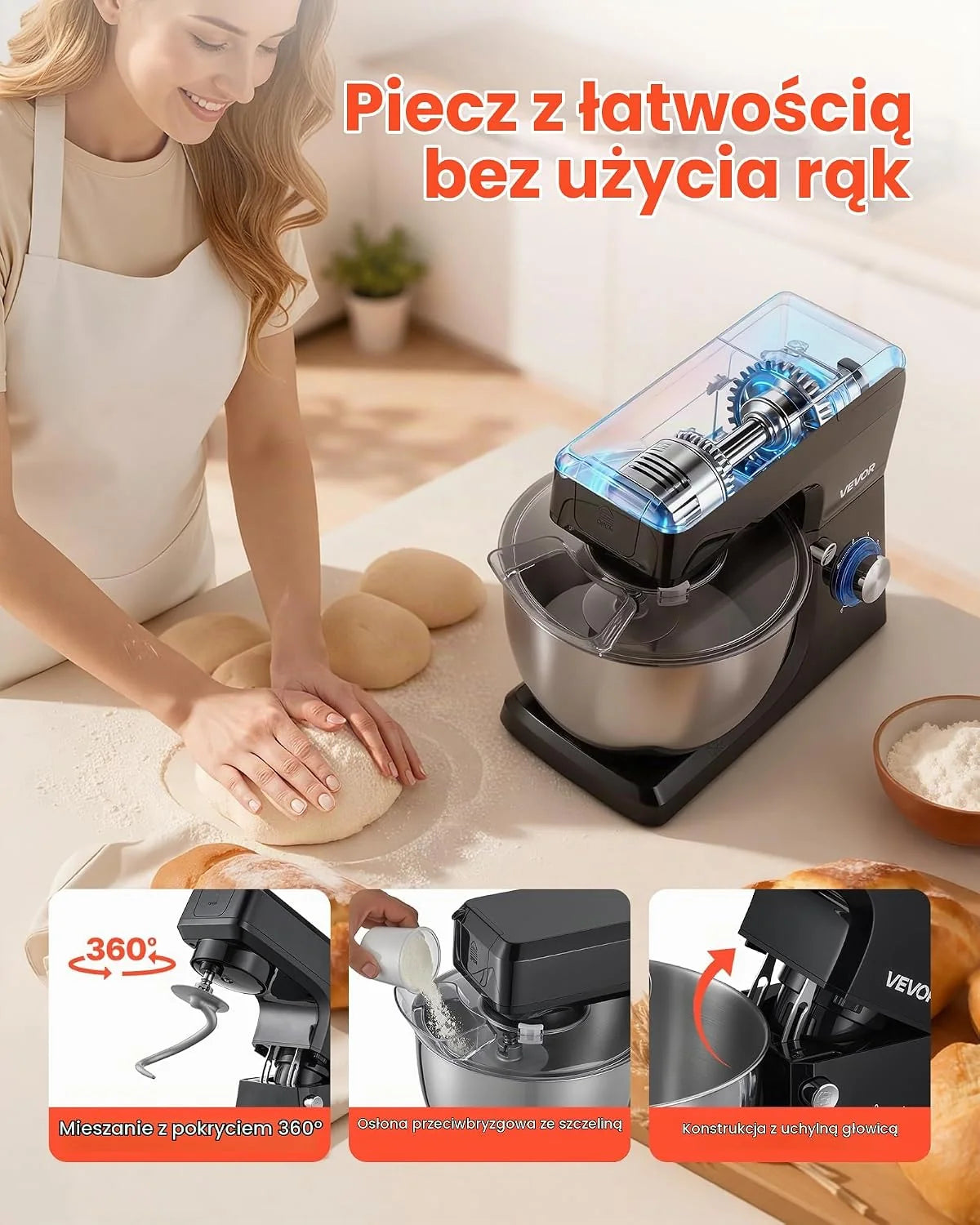 VEVOR Wielofunkcyjny robot kuchenny elektryczny 1500 W, z miską ze stali nierdzewnej (7,8 l) i kubkiem do miksowania (1,5 l), ugniatarką, mikserem do ciasta z prędkością 6+p, hakiem do zagniatania