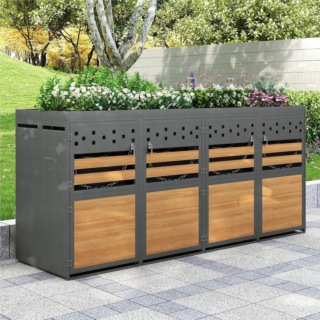 Cubo para 4 contenedores de basura, revestimiento con techo ajardinado para cubos de 120-240 litros, puertas con cerradura, caja de almacenamiento para jardín de acero galvanizado inoxidable, antracita, 264 x 80 x 125 cm