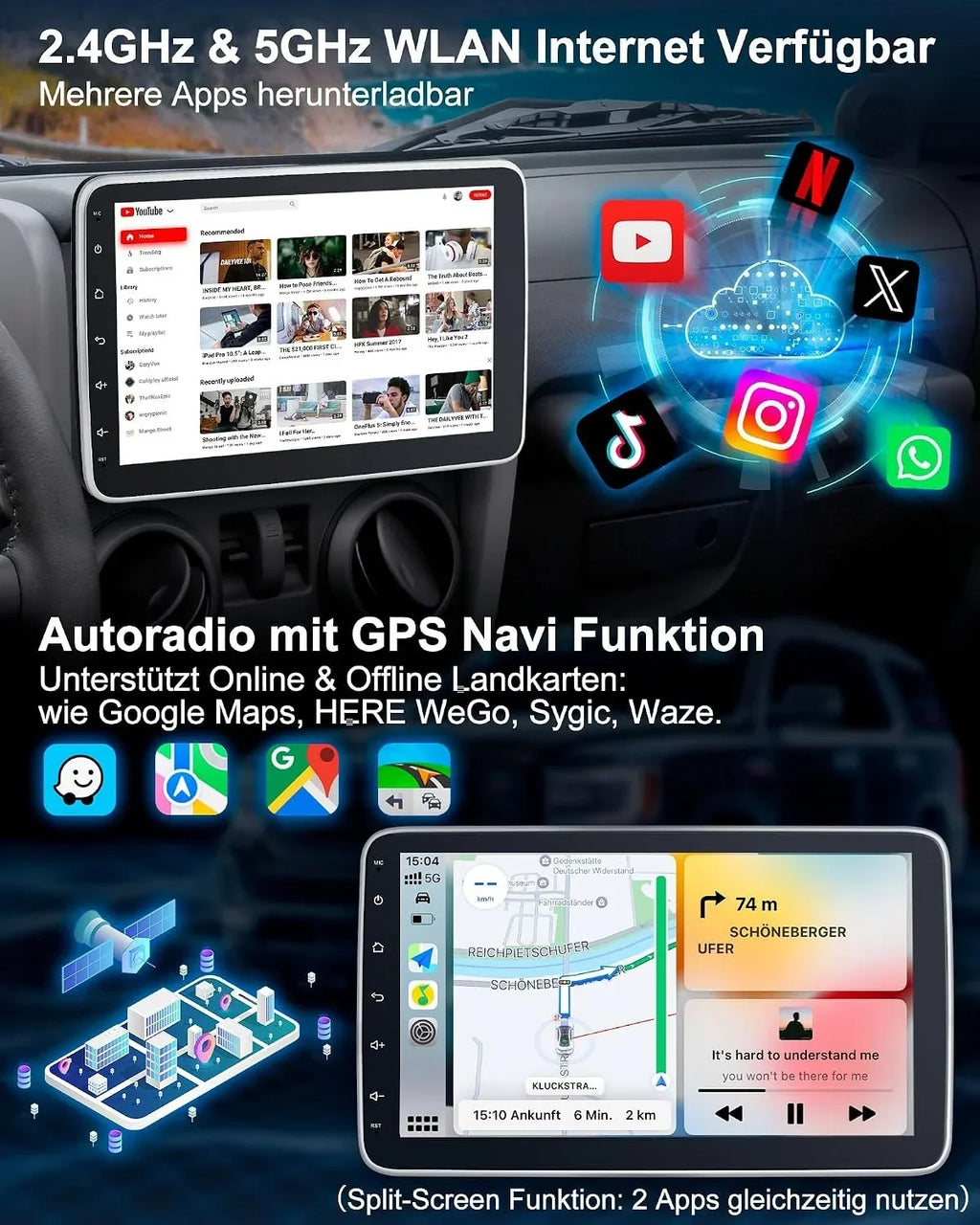 Autorradio 1 DIN con pantalla táctil de 10,1 pulgadas Android 14 2GB 64GB Bluetooth CarPlay Android Auto Navegación Cámara de visión trasera