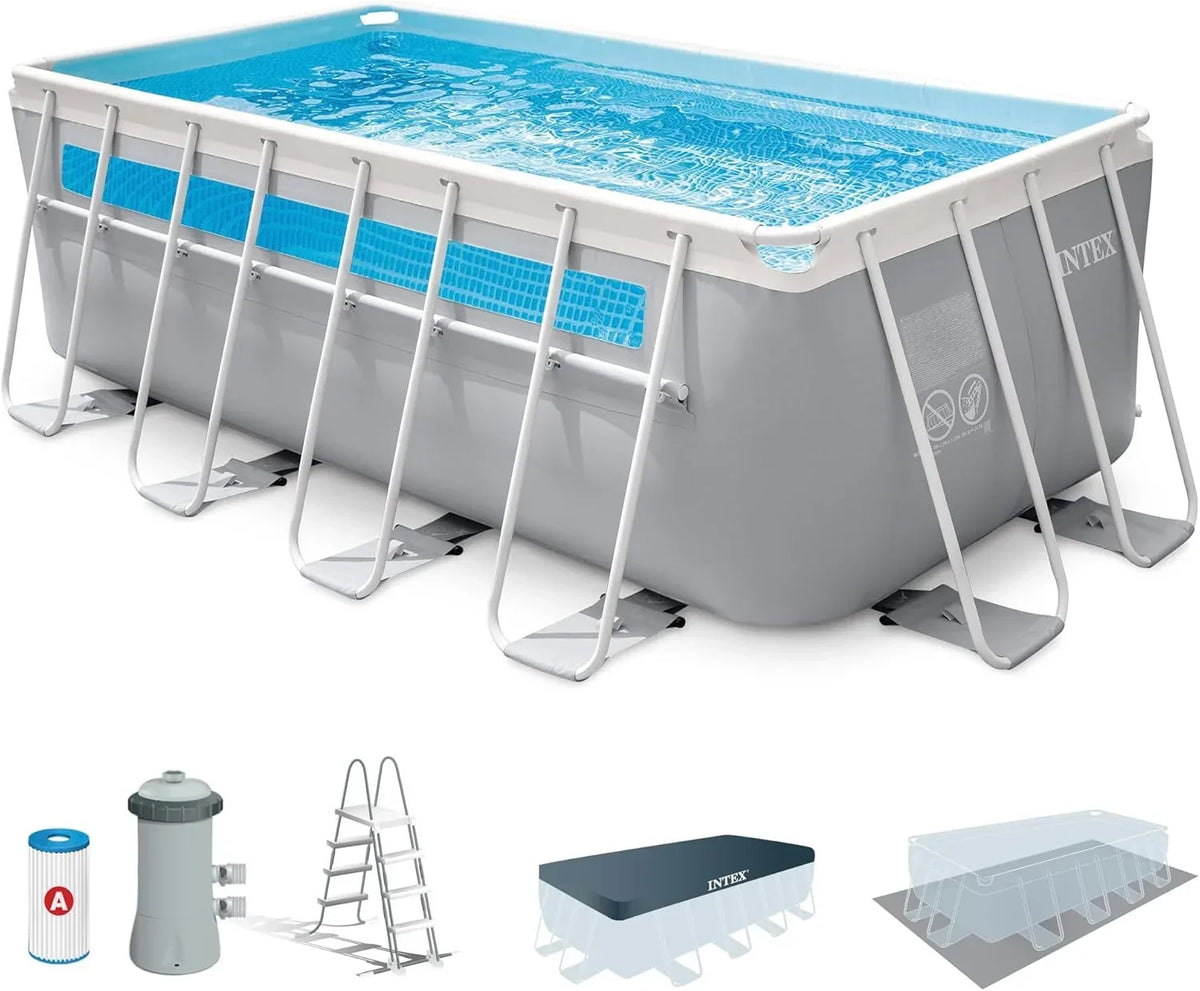 Piscina Desmontable Rectangular Intex Prism Frame, 400x200x122 cm, Material de Triple Capa, Capacidad 8.418 L, Ventana Panorámica, Tapiz, Cobertor, Depuradora de Cartucho, Escalera (56029)