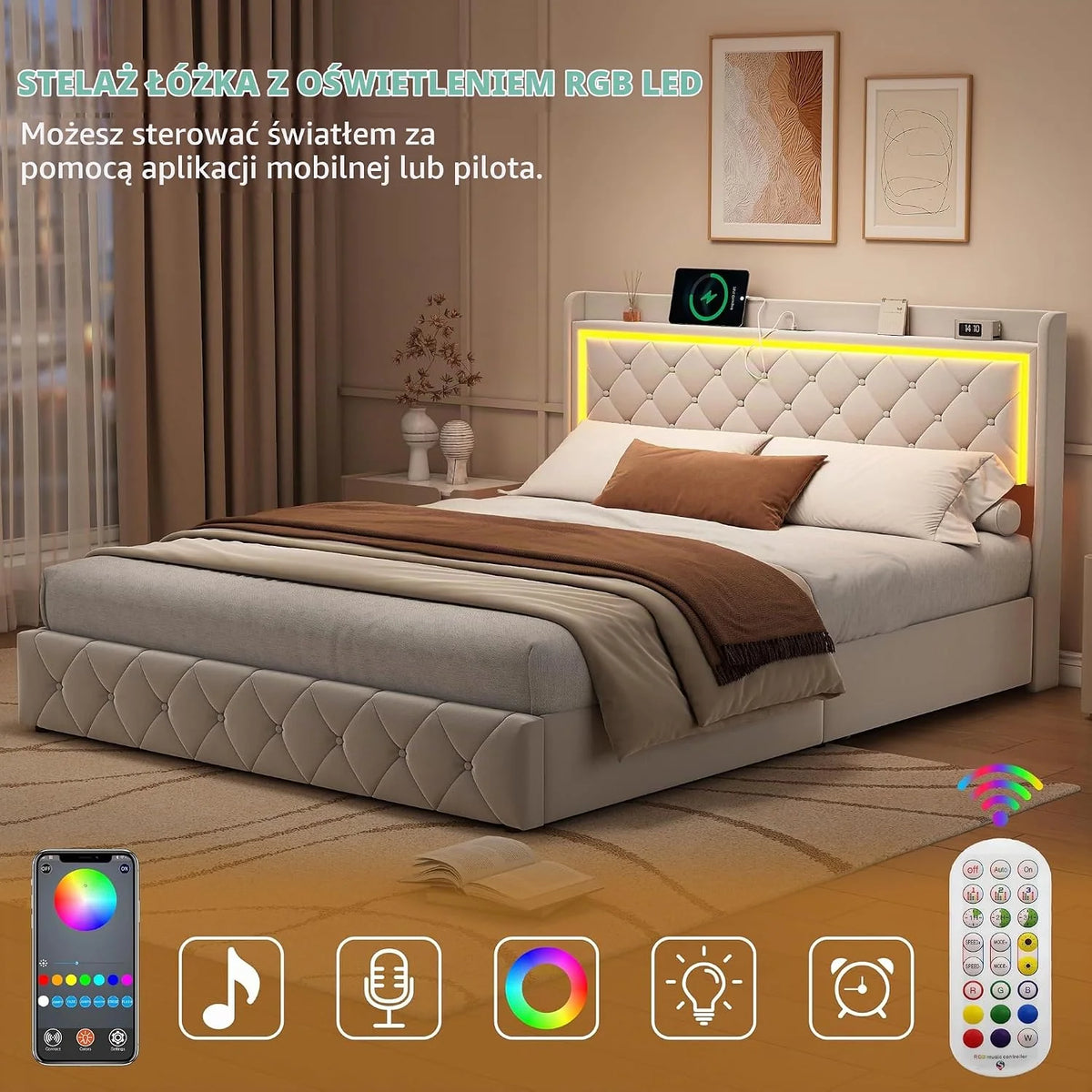 Podwójne łóżko z pojemnikiem 140 x 200 cm, łóżko tapicerowane 140 x 200 cm z 4 szufladami, LED i portem USB, funkcjonalne łóżko z zagłówkiem, rama łóżka z stelażem listwowym, aksamit, bez materaca