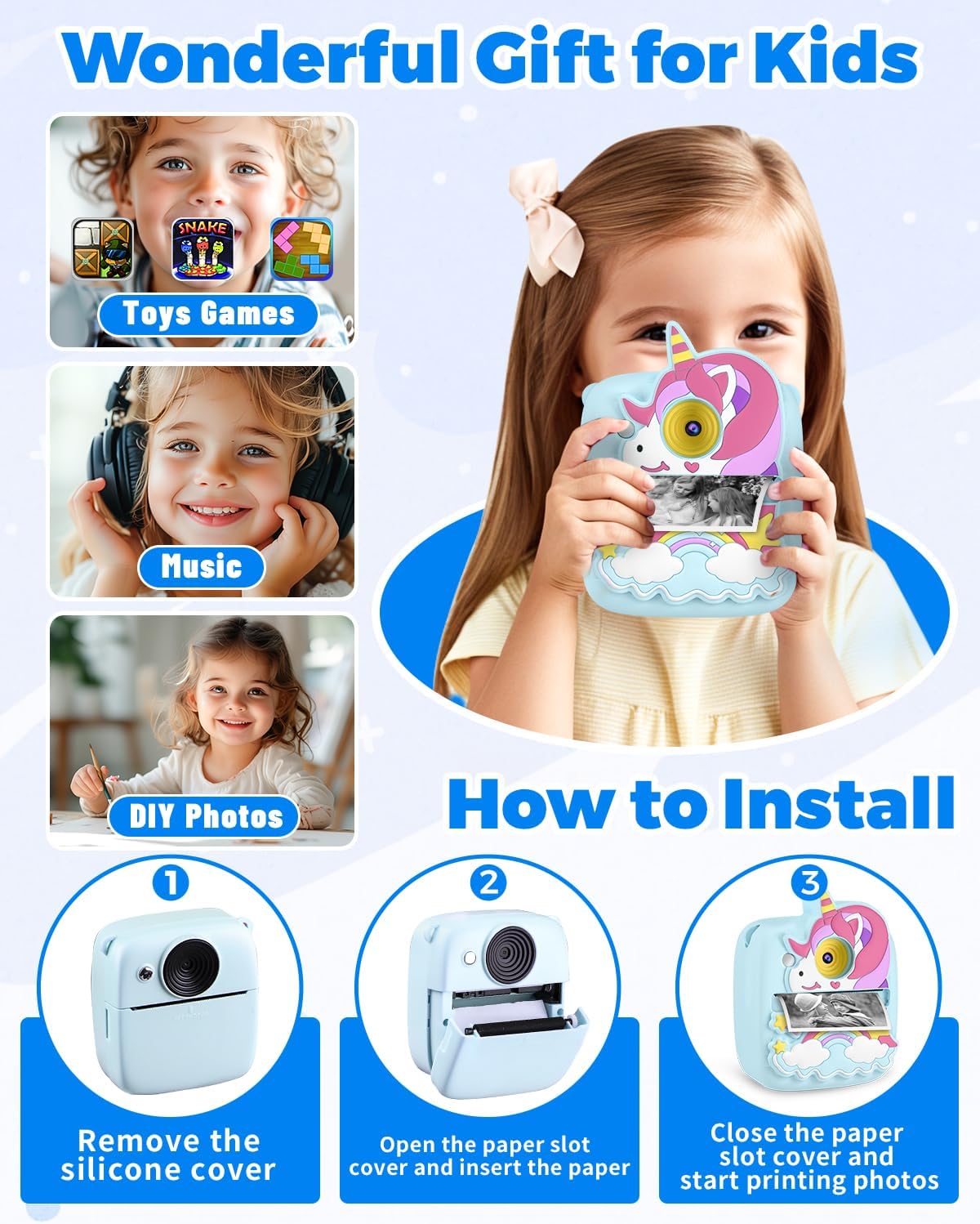 Cámara de fotos instantánea para niños, cámara HD de 48 MP con papel de impresión y tarjeta de 32 GB, juguete de regalo para niños y niñas de 3 a 12 años (azul)