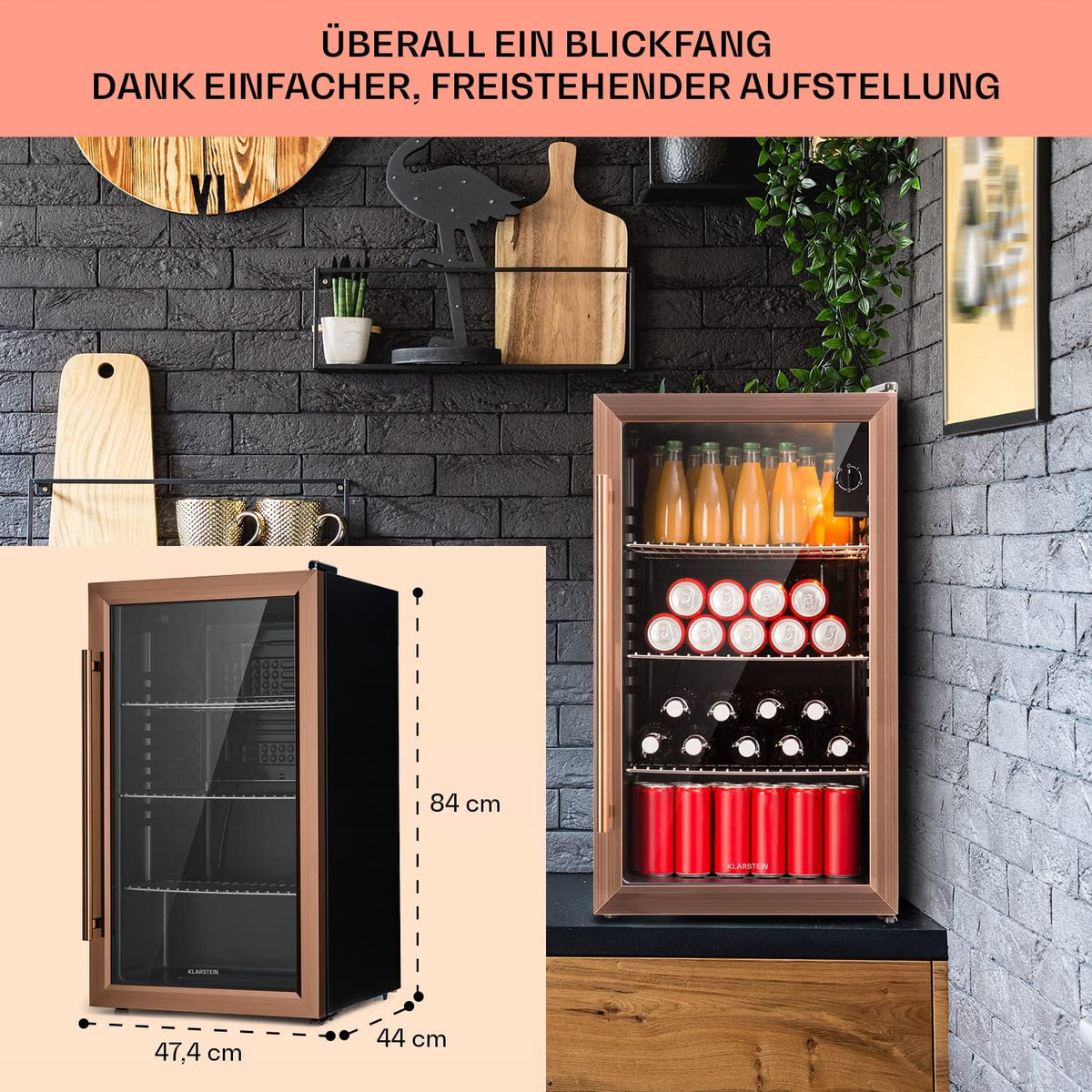 Mininevera Klarstein con puerta de cristal para habitaciones, refrigerador de bebidas con estantes ajustables, pequeño de 80 litros, frigorífico silencioso para interiores/exteriores