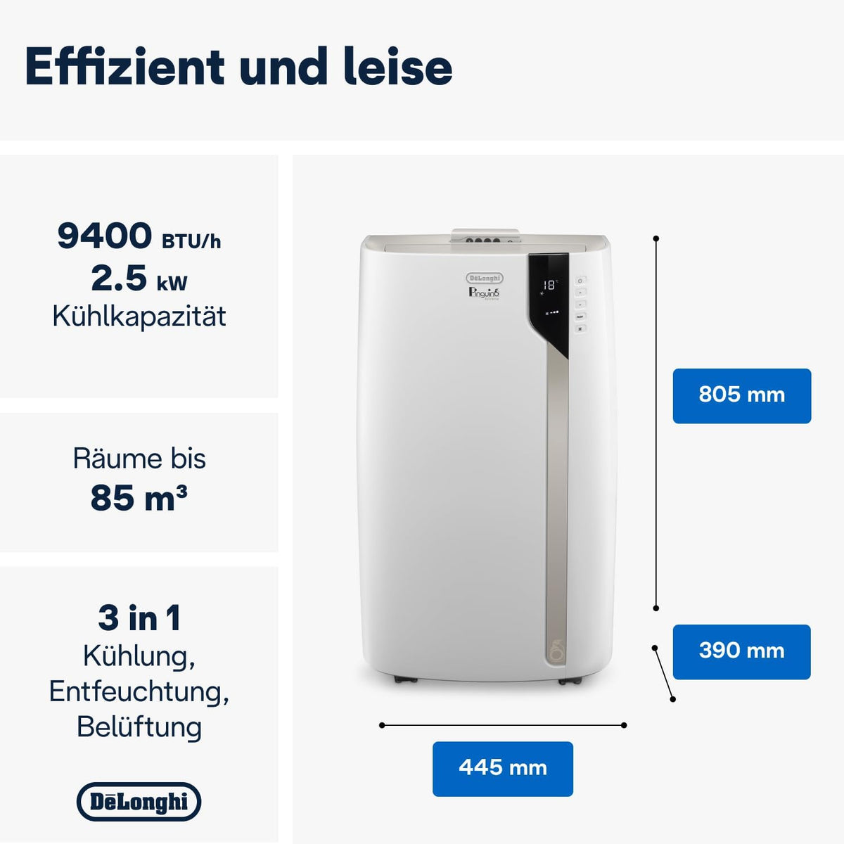 De'Longhi Pinguino PAC EM82, aire acondicionado portátil para habitaciones de hasta 80 m³, 9.400 BTU, 2,4 kW, 63 dB, función de deshumidificación, clase energética A, temporizador 24 h, blanco