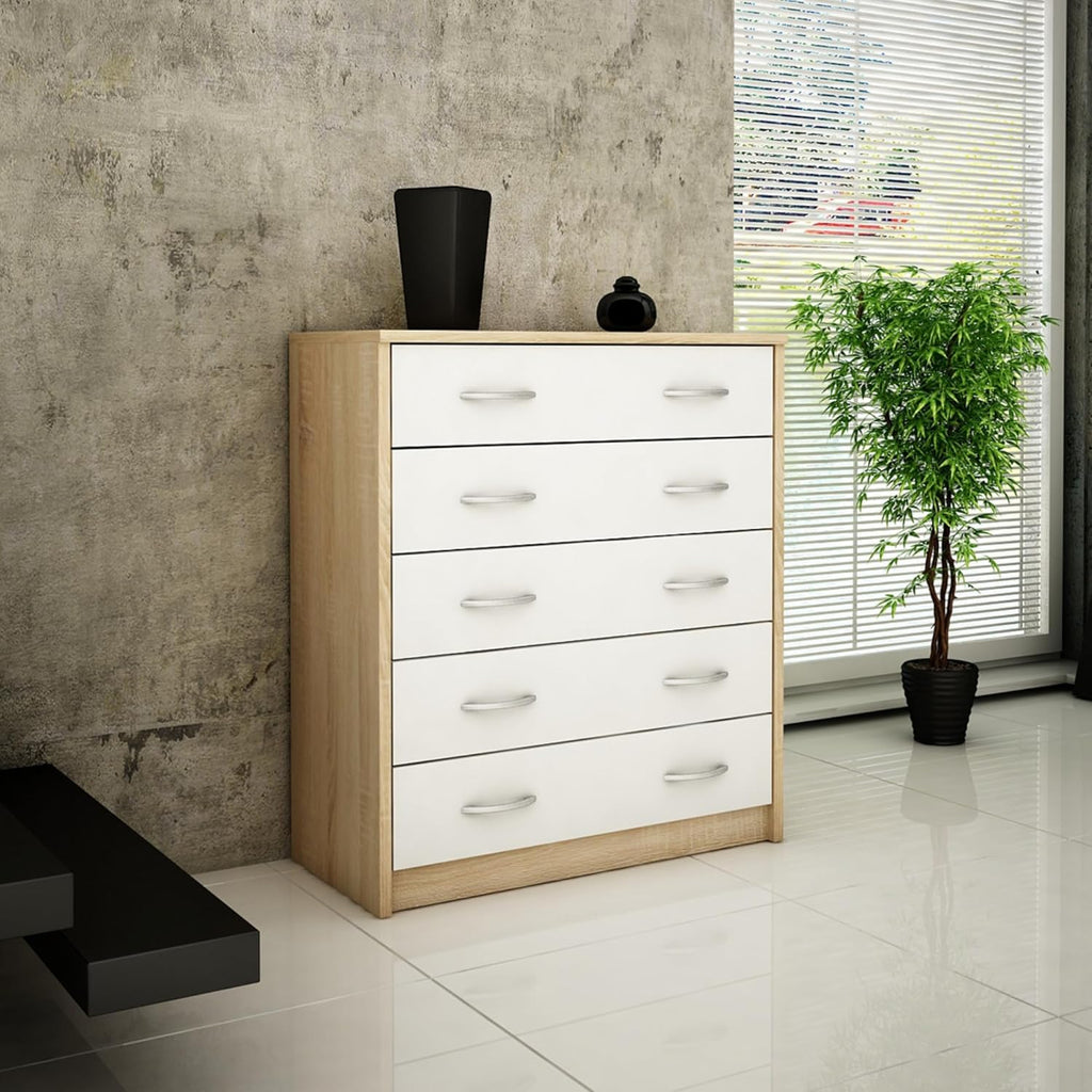Zapatero Home Collective con 5 cajones abatibles, estante para zapatos de 5 compartimentos, bordes redondeados suaves, 74 cm de ancho, panel laminado, almacenamiento de zapatos que ahorra espacio - Sonoma blanco