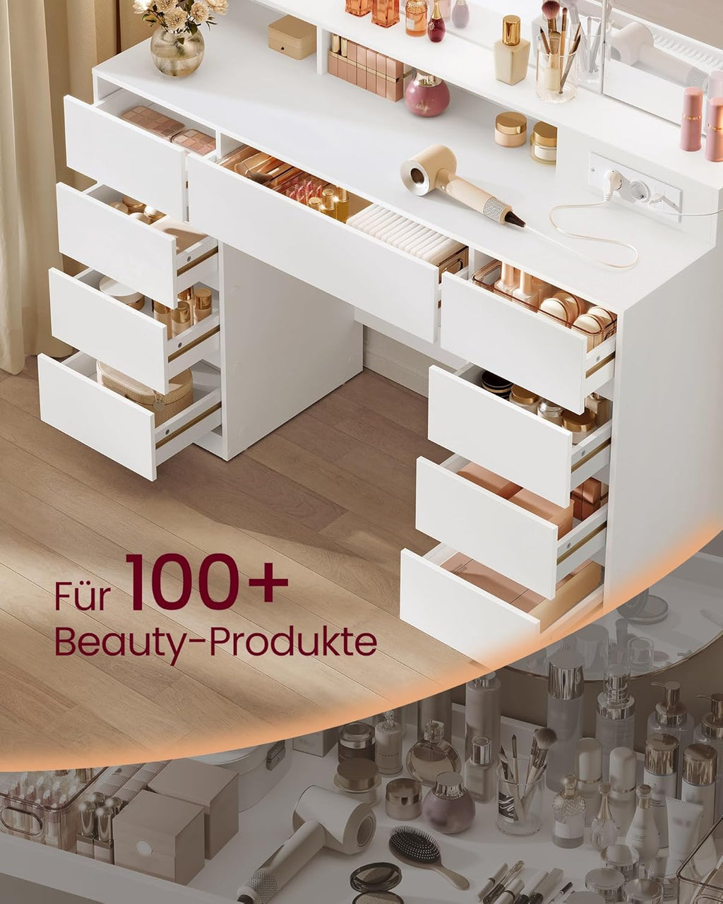 Colección VASAGLE Kailyn - Tocador, espejo de 3 piezas, mesa de maquillaje con 11 bombillas, enchufes, 9 cajones, 3 colores de luz, montaje de rieles de cajón sin herramientas, blanco nube RDT146WB01
