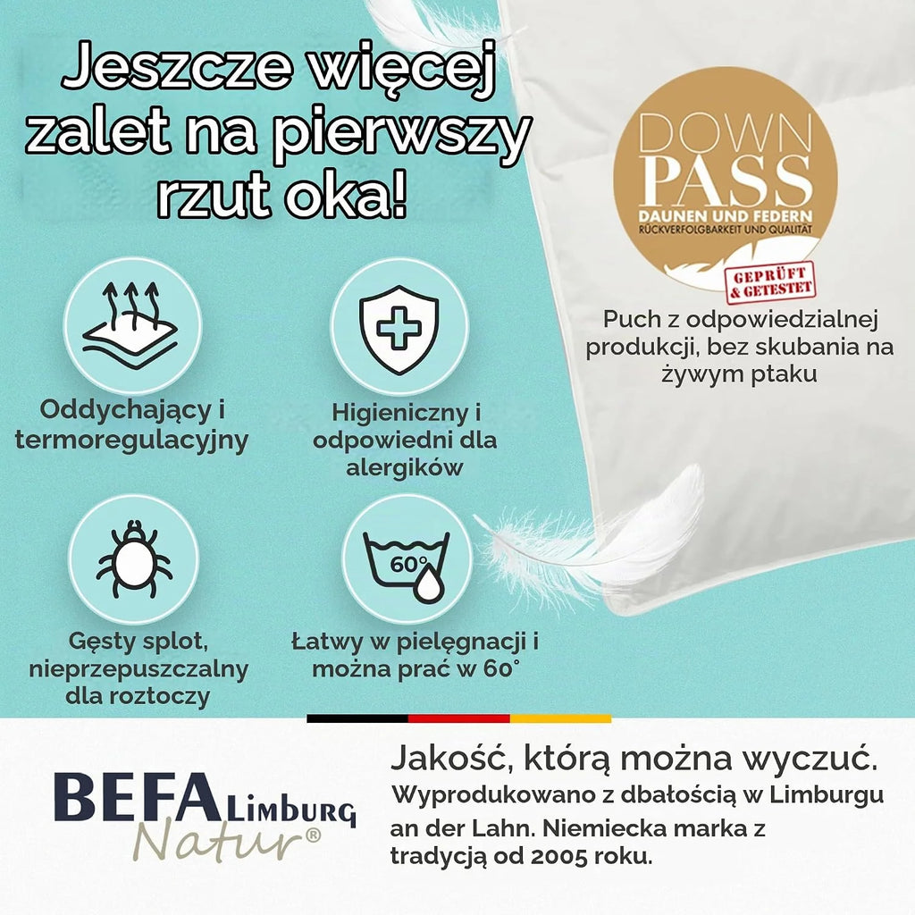 Made in Germany BEFA naturalna kołdra 135 x 200 cm, wykonana z 90% puchu i 10% pierza, kołdra zimowa, nadaje się dla alergików (nomite), certyfikat Öko-Tex 100 klasa 1, certyfikat Downpass