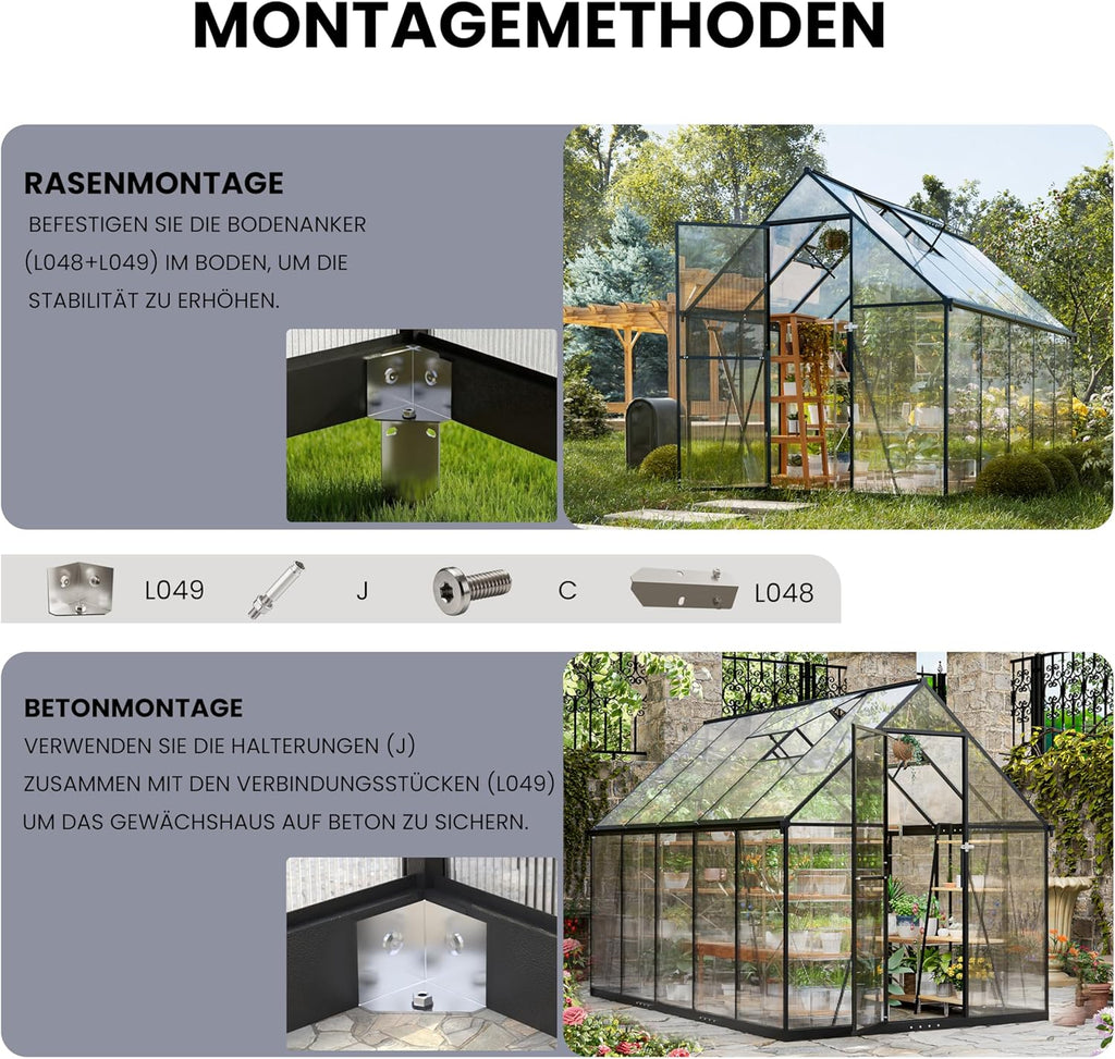 Invernadero de policarbonato ALAULM 175x281x195cm, con puerta con cerradura, techo a dos aguas, ventana de ventilación y canalones, resistente a la intemperie para terraza y jardín (negro)