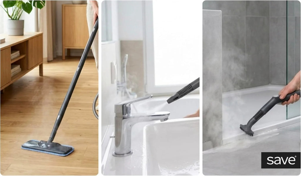 SAVE Myjka parowa 2000 W 2 w 1 z ręczną myjką parową, 4 bary, zbiornik na wodę 1,5 l, gorąca para 135°C, 13-częściowy zestaw akcesoriów do podłóg, płytek, okien, łazienki i kuchni