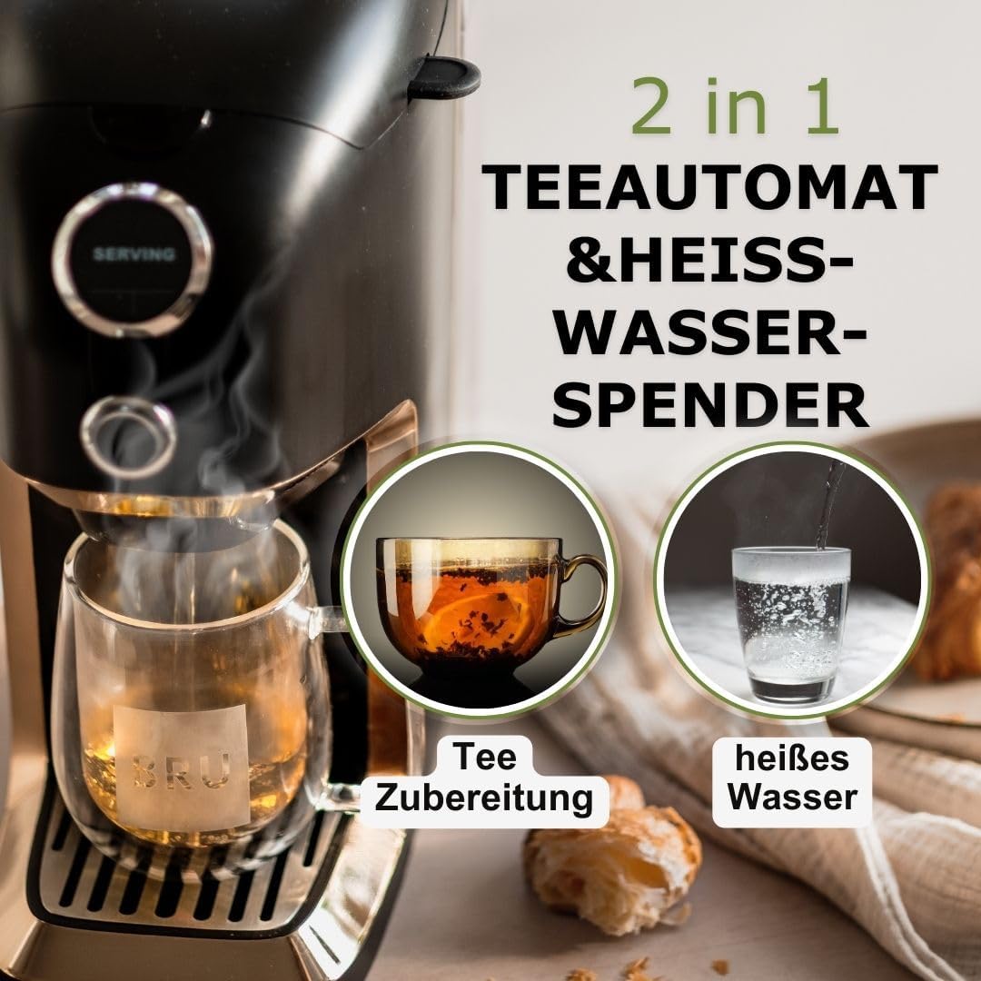BRU Máquina de té para té a granel, hierbas y bolsitas de té - Dispensador de agua caliente y tetera en uno - SIN cápsulas, agua filtrada con solo pulsar un botón, sistema de limpieza automática (blanco/cromo)