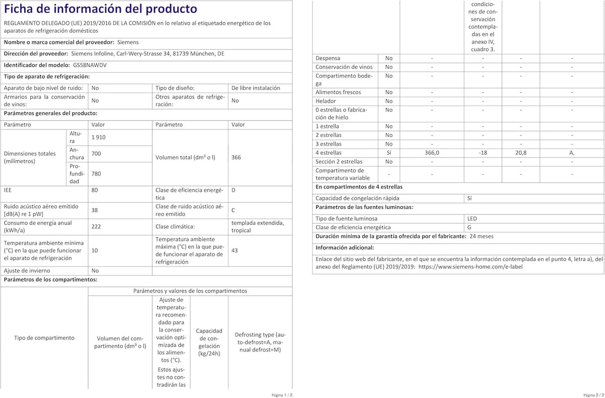Congelador Siemens GS54NAWCV iQ500, 176 x 70 cm, 327 L, noFrost nunca más volver a descongelar, bigBox espacio para alimentos congelados grandes, varioZone estantes y cajones de cristal flexibles, Blanco