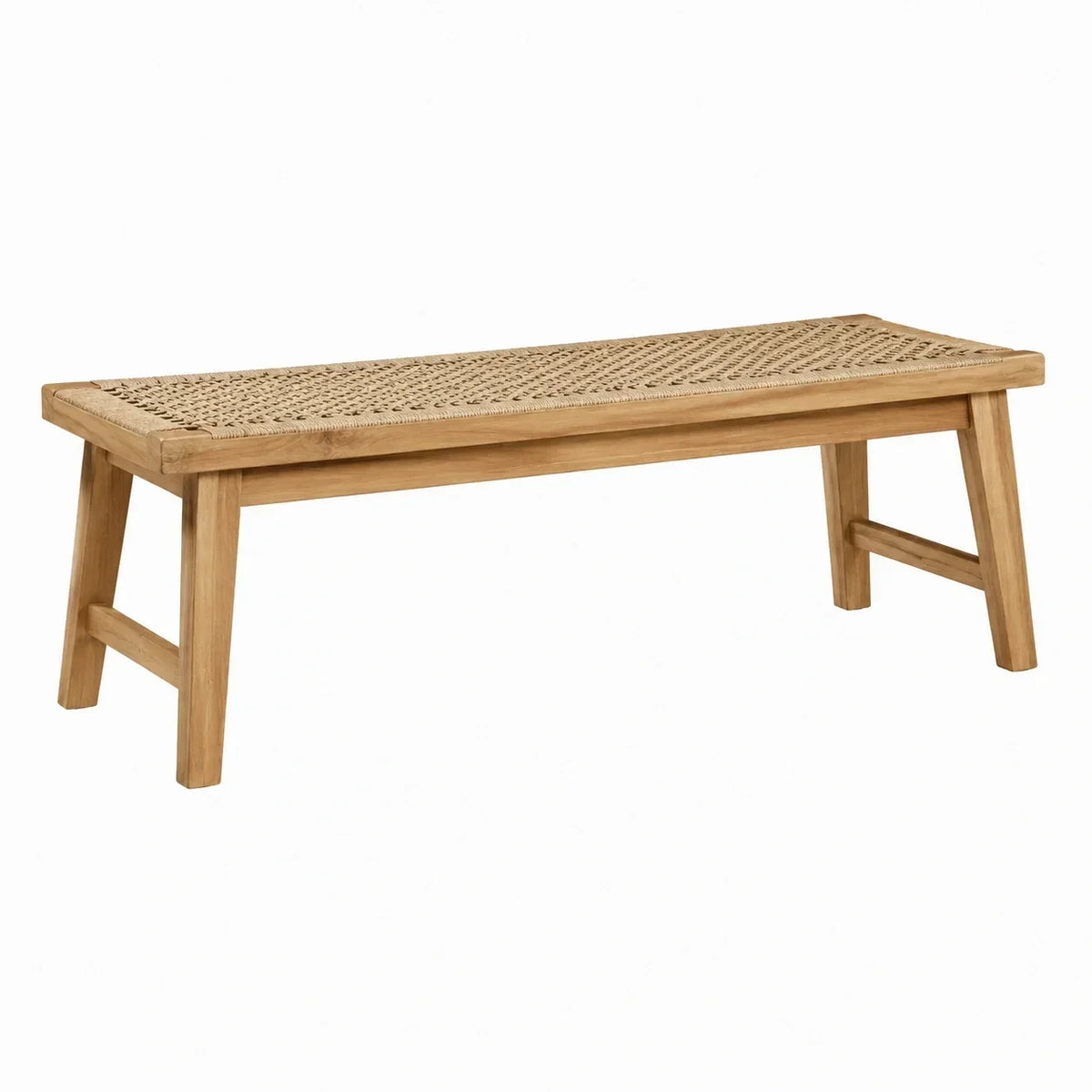 Banco rectangular de madera de teca con tejido de ratán, 120 cm, color natural