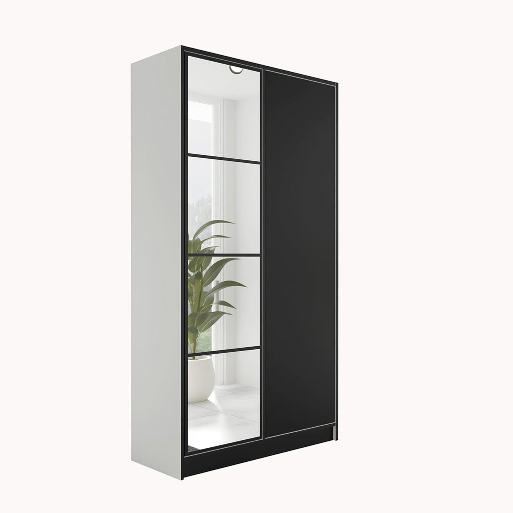 KIER FURNITURE Armario con espejo - Armario dormitorio - Armario recibidor - Barra de colgar extraíble - Eden v4 - AnxAlxPr 104,8x205x39cm - 2 puertas - Blanco y negro