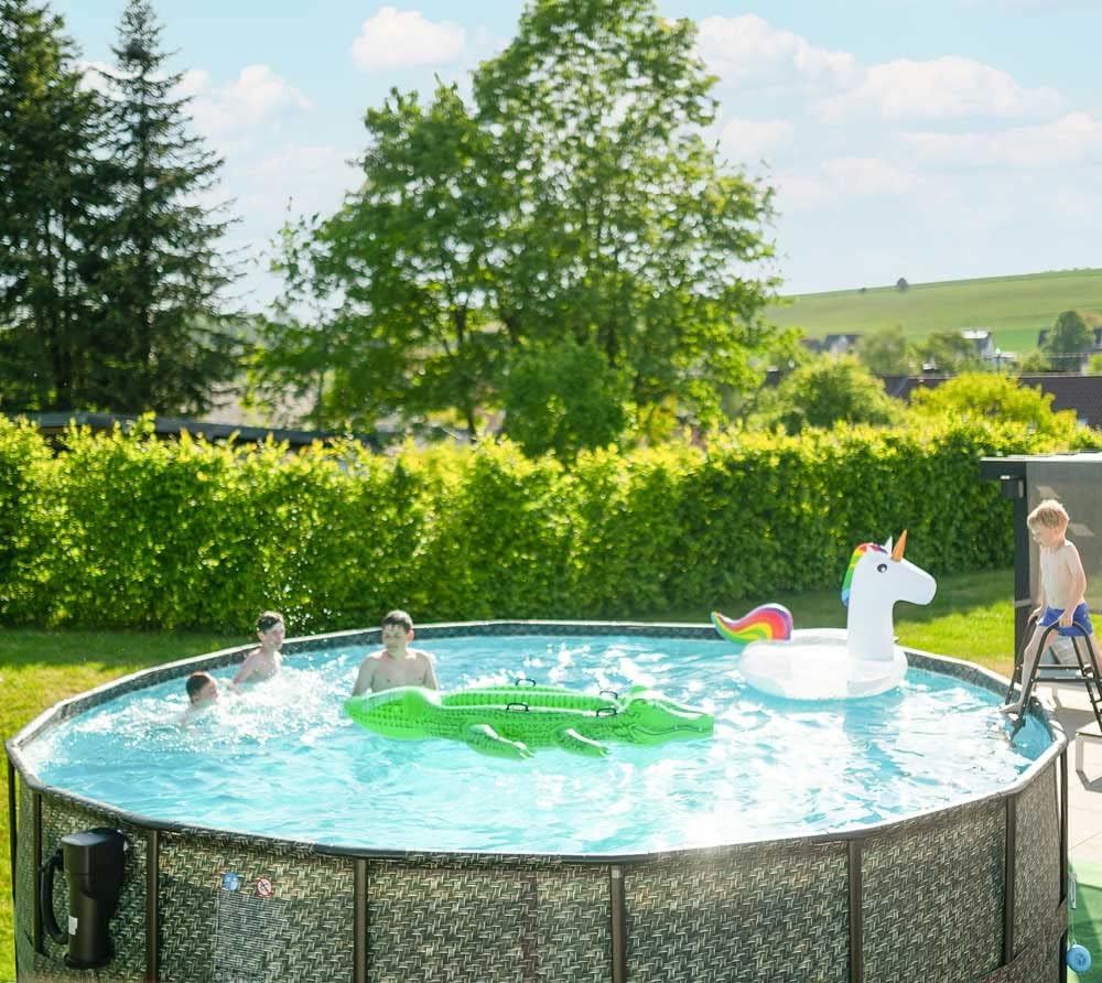 Piscina desmontable con estructura Summer Waves | Redonda 549x132 cm aspecto ratán gris | Set de piscina elevada | Piscina de jardín incl. bomba de filtro, tapiz de suelo, cobertor y escalera de seguridad