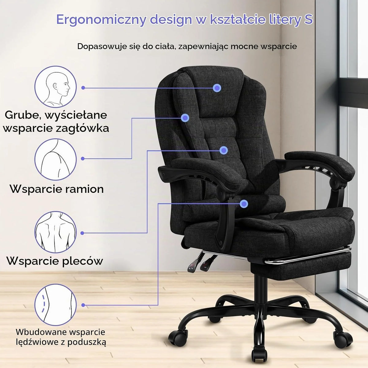 ALFORDSON CHAIR krzesło biurowe, krzesło komputerowe, krzesło gamingowe, obrotowe, do biurka komputerowego, ergonomiczne, wysokie oparcie z podparciem lędźwiowym i kółkami, materiał, czarny