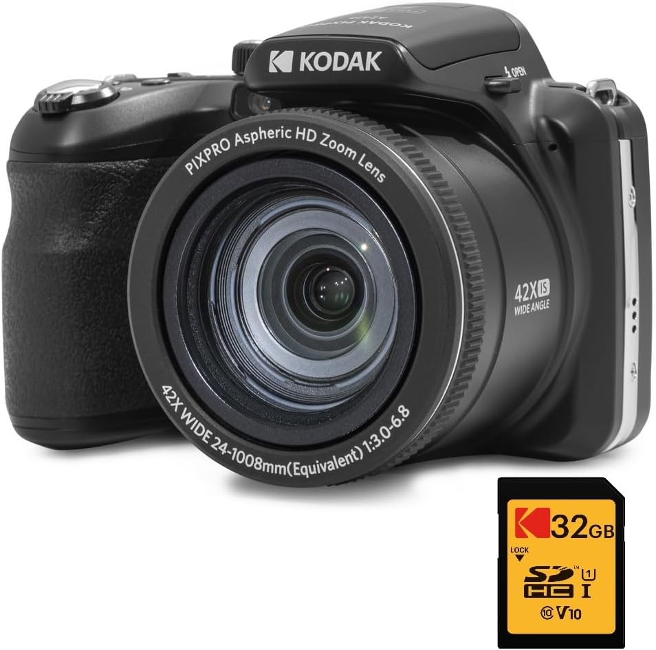 Pack Digital KODAK Bridge Pixpro Astro Zoom AZ425 + Tarjeta SDHC 32 GB - Cámara de 20 MP, Zoom 42X, Gran Angular, Pantalla LCD de 3", Video Full HD 1080p, Batería de iones de litio - Negro