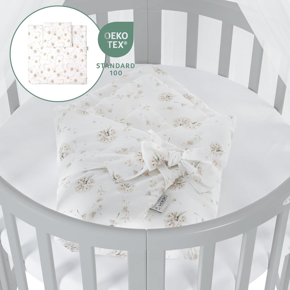 Cuna ovalada evolutiva Waldin, set completo 7 en 1, cuna de barrotes, cama infantil con colchón, cambiador, cuna colecho, madera blanca