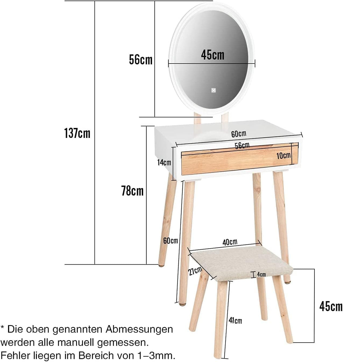 Tocador YU YUSING con iluminación, mesa de maquillaje con espejo LED y cajones, tocador con taburete acolchado, cómoda para maquillaje, moderno