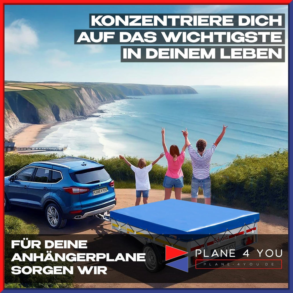 Eduard Lona para remolque de calidad superior - 506 x 220 cm - Dimensiones interiores - Lona azul lacada brillante - Lona plana para remolque de coche - Lona de PVC impermeable con accesorios