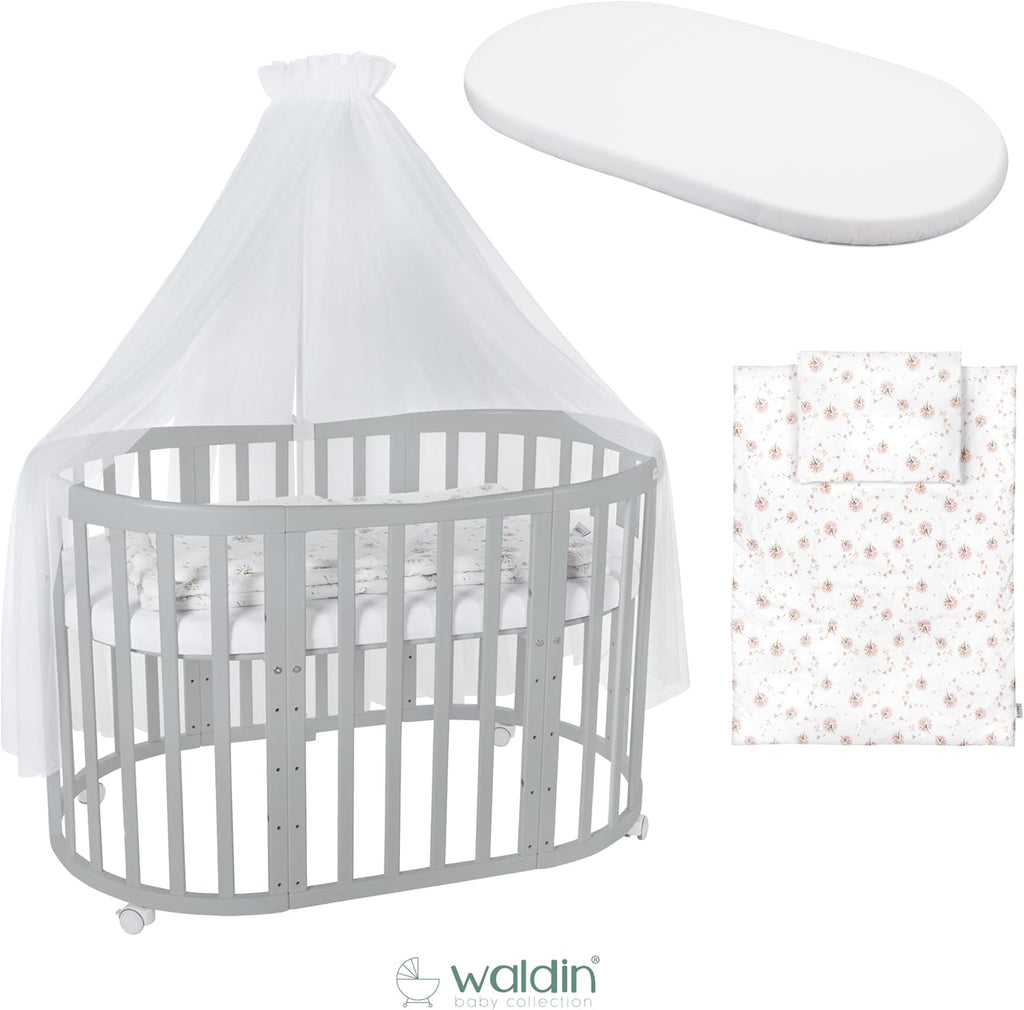 Cuna ovalada evolutiva Waldin, set completo 7 en 1, cuna de barrotes, cama infantil con colchón, cambiador, cuna colecho, madera blanca