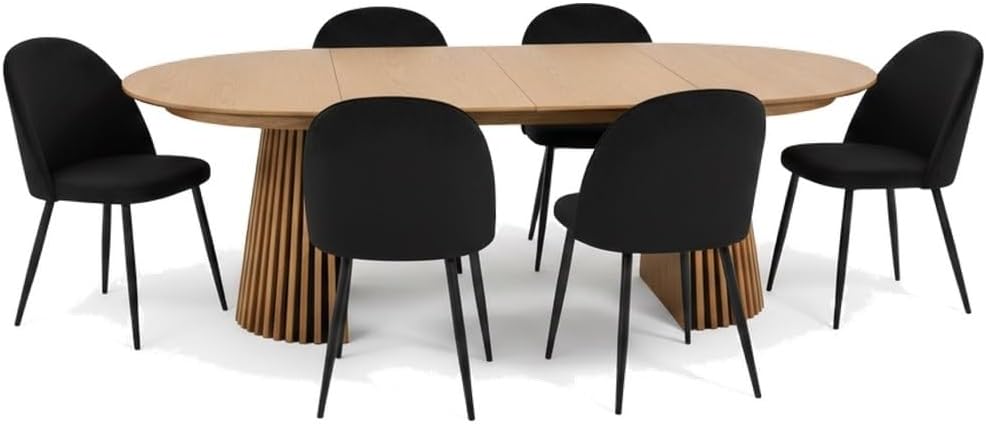 ebuy24 Mesa de comedor ovalada extensible - Juego de comedor Tokyo de 7 piezas para 6 personas, color natural, 120x120-160/200 cm, mesa con 6 sillas de terciopelo negro, conjunto de comedor, grupo de comedor, cocina comedor, muebles de comedor