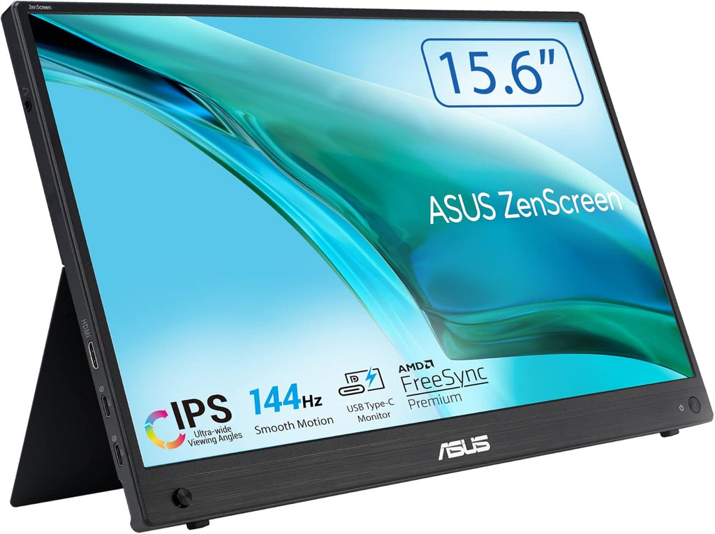 ASUS ZenScreen MB16AHG – Monitor portátil 15,6", FHD 1920 x 1080, Teletrabajo, IPS, 144Hz, USB-C, Mini-HDMI, FreeSync Premium, soporte ergonómico, filtros de luz azul, para portátil y consola
