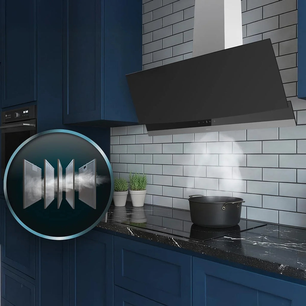 Cecotec Dekoracyjny okap kuchenny Bolero Flux DT 904400 Matt Black A+++. Ssanie 416,5m³/h, 3 prędkości, niskie zużycie, silnik DC, sterowanie ruchem i dotykiem, matowe szkło, korpus ze stali