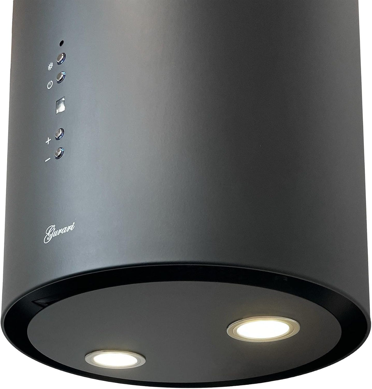 GURARI Okap wyspowy GCH I 385 36 BL Prime, okrągły okap kuchenny 36 cm, czarny, 1000 m³/h, 4 stopnie, wyświetlacz, oświetlenie LED, odsysanie krawędzi