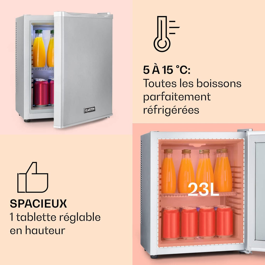 KLARSTEIN Petit refrigerador de habitación de 23L para aperitivos y bebidas, mininevera silenciosa, minibar, nevera de camping, refrigerador para cosméticos, refrigerador con estantes ajustables, 5-15°C