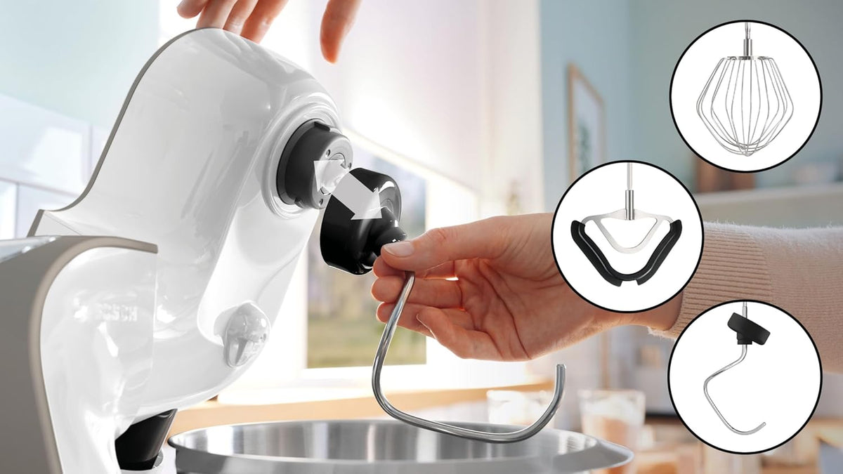 Procesador de alimentos Bosch Serie 4 con báscula, bol de acero inoxidable apto para lavavajillas, batidora, picadora de carne, sistema de mezclado planetario, cortador-rallador, 3 discos, cortador de dados, 1000 W, MUM5XL74