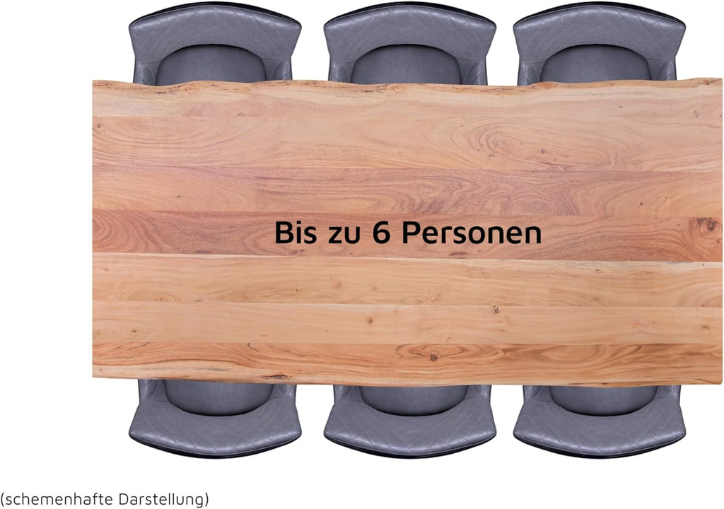 Mesa de comedor SAM B-Ware 200x100 cm Mundra, mesa de madera de acacia con borde natural, maciza y color natural, base en U de metal negro, mesa de comedor con borde de árbol auténtico