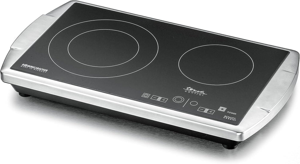 ROMMELSBACHER Doppelkochplatte CT 3403/TC – Made in Germany, SCHOTT CERAN®Kochfläche, 2 Kochzonen, energiesparend, kurze Aufheizzeit, 9 Leistungsstufen, Touch Control, Überhitzungsschutz, Edelstahl