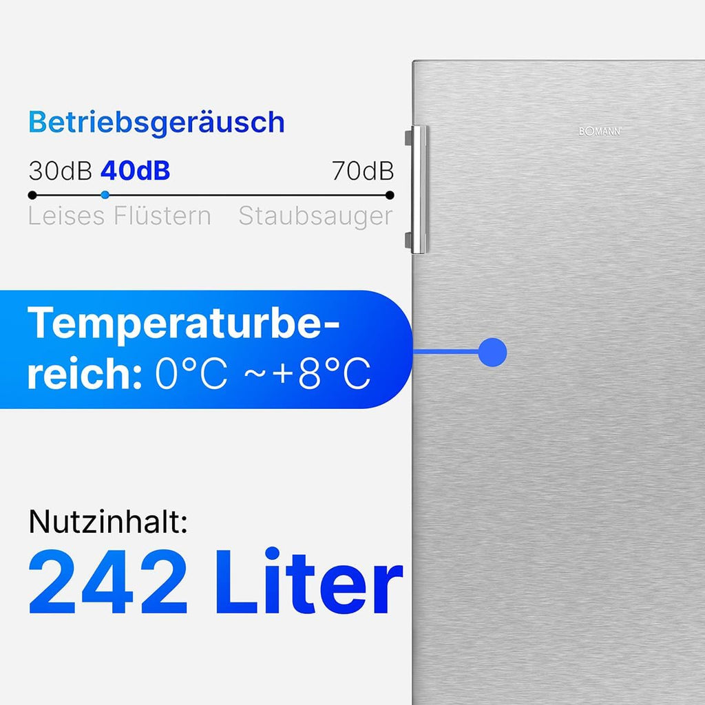 Réfrigérateur Bomann 242L inox VS7316-1-inox, Capacité nette : 242 litres, Éclairage intérieur à LED, Contrôle de la température en continu, 5 clayettes en verre