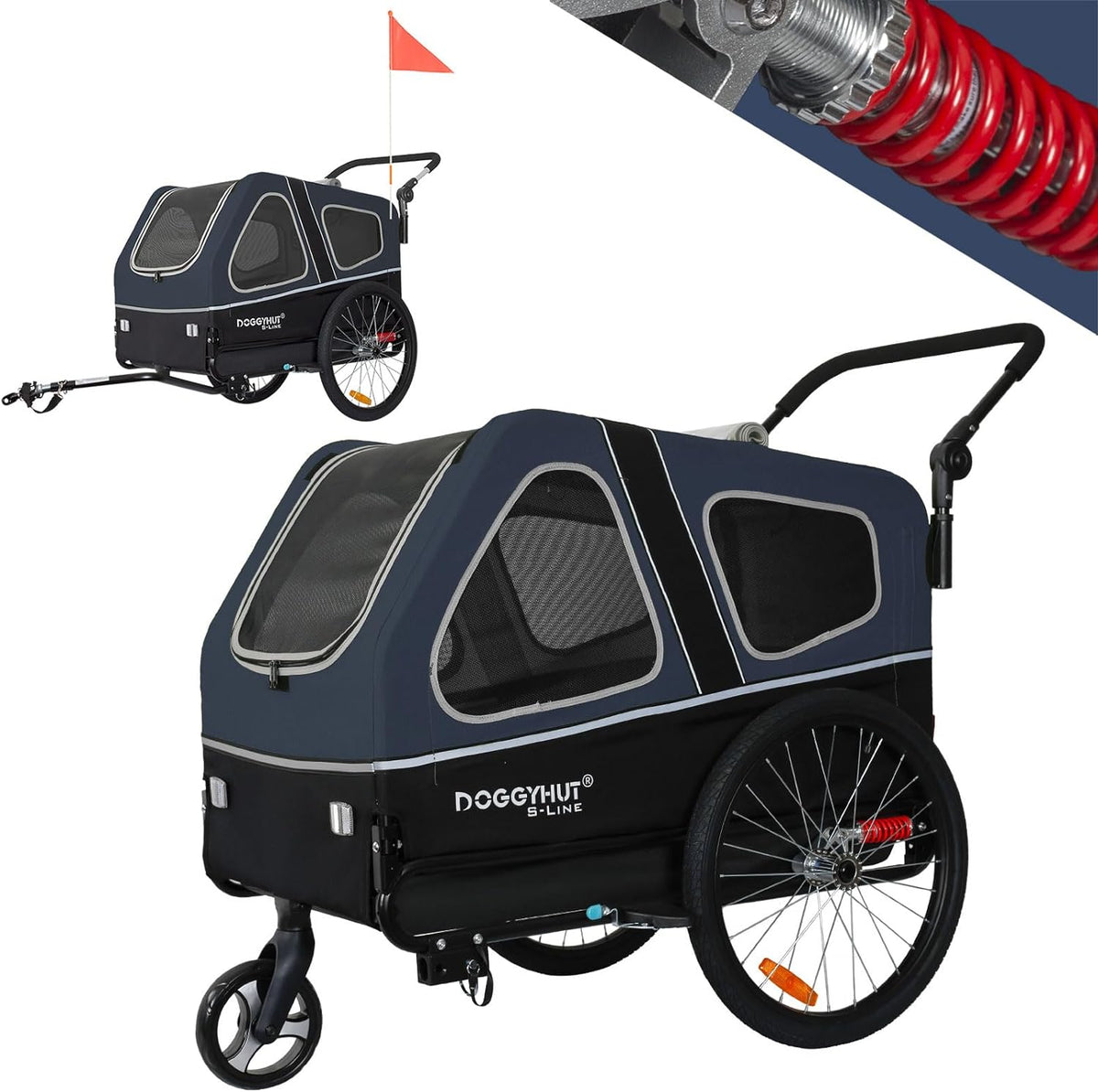 Doggyhut S-Line XL Remolque y cochecito para perros con suspensión 2 en 1, remolque de bicicleta para perros y jogger con suspensión hasta 45 kg