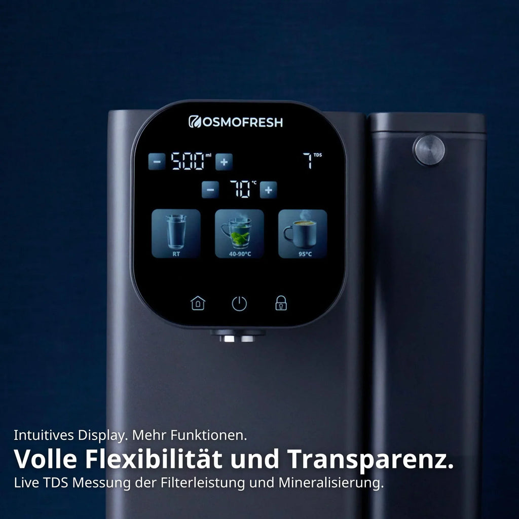 Sistema de ósmosis inversa de sobremesa OsmoFresh Fusion Air, dispensador de agua caliente, filtro de minerales, 3x UVC, relación de residuos 2:1, certificado por TÜV