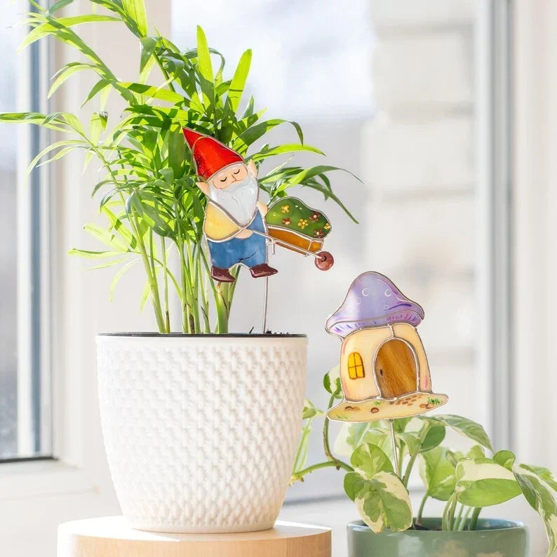 Set de atrapasoles de vitral de gnomo y casa de hongos para plantas