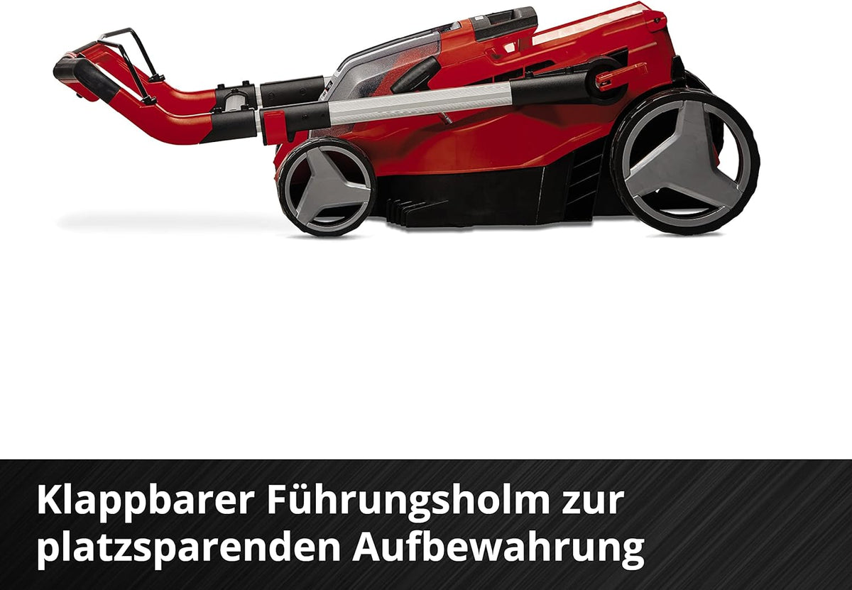 Cortacésped inalámbrico Einhell RASARRO 36/38 Kit Power X-Change (36 V, 38 cm de ancho de corte, 450 m², sin escobillas, función de mulching, bolsa colectora de 45 l, incl. 2 baterías de 4,0 Ah + cargador doble)